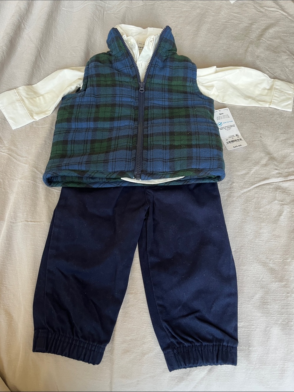 Carter's Navy & Green Plaid Zip Vest Set